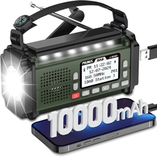 Bärbar radio med skärm, ficklampa, högtalare och 10.000 mAh powerbank.